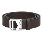 This Grained Ebony Leather 'M' Palladium Pin Buckle Belt by Montblanc has a shiny silver finish on the buckle with the snowcap emblem in the corner.