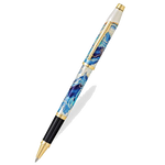 This Cross Wanderlust Malta Rollerball Pen is made out of pearlescent white lacquer with a blue and gold pattern on the cap and barrel.