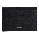 This BOSS Crosstown Black Leather Card Holder & Money Clip is made out of goat leather with a grained texture and a polyester lining in plain black.
