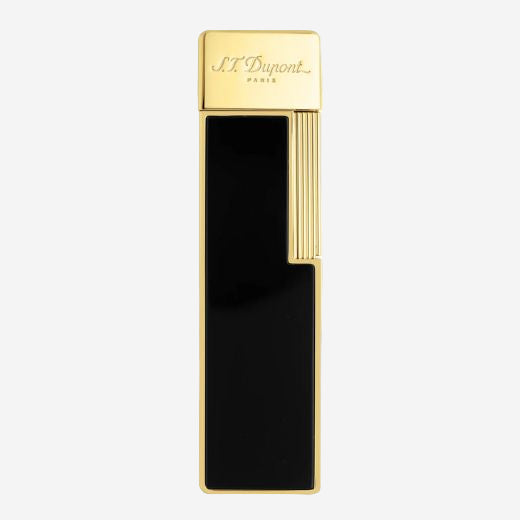 This S.T. Dupont Twiggy Black Lacquer & Gold Lighter has the brand name engraved along the gold top on the front side.