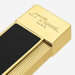 The S.T. Dupont Twiggy Black Lacquer & Gold Lighter has a glossy black lacquer coating on the front and back.