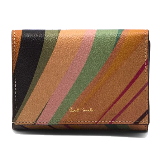 This Paul Smith Women's 'Dusky Swirl' Small Trifold Purse has the signature brand name on the front in gold foiling.