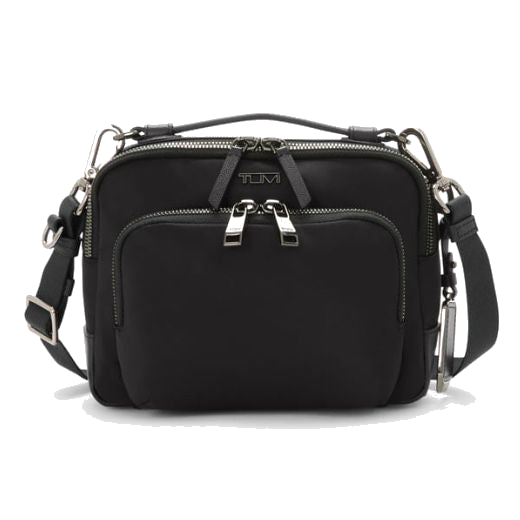 This TUMI Voyageur Black & Gunmetal Teghan Crossbody Bag has a front zip pocket with a dual zip in gunmetal.