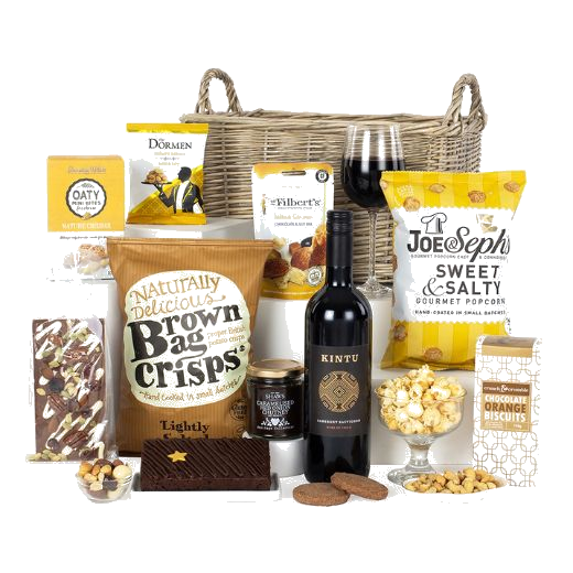The Luxury Hamper by Virginia Hayward includes sweet and savoury snacks in a wicker basket.