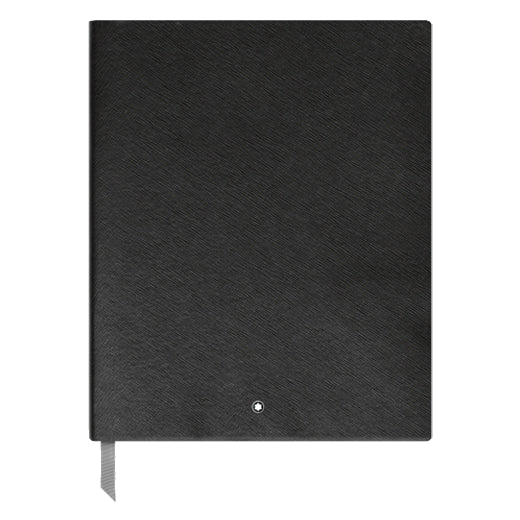 Montblanc black saffiano leather print notebook with Montblanc emblem on the front.