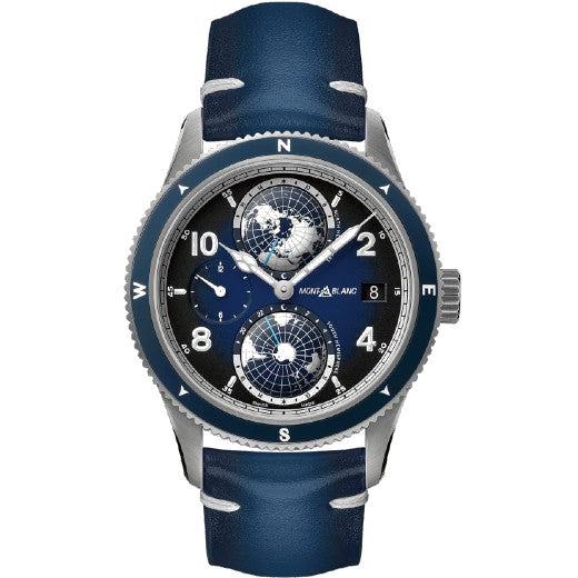 This Montblanc 1858 Geosphere Titanium Watch features a blue Saffiano calfskin strap.