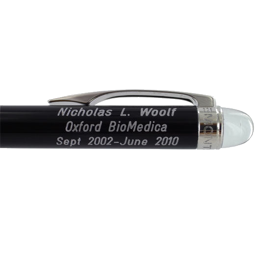 Corporate pen cap engraving for Oxford BioMedica.