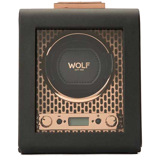 This WOLF Copper Axis Watch Winder features a black vegan leather exterior.