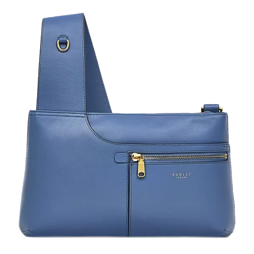 This Radley Blue Leather Pockets Icon Zip Top Crossbody Bag has a front zip pocket and the main zip compartment.