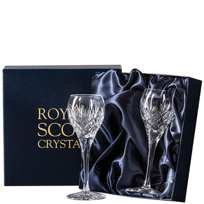 royal scot crystal set of 2 edinburgh port sherry glasses packaging