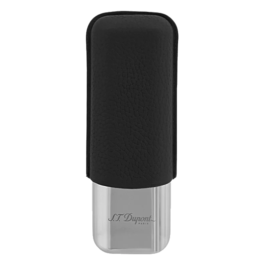 This Black Grained Leather 2 Cigar Case by S.T. Dupont has been made with a chrome metal base and grained leather.