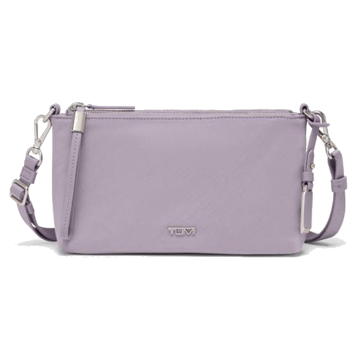 This Voyageur Lavender Adela Crossbody Bag by TUMI has the brand name on the front in silver lettering to match the zip pulls and rest of the trims.