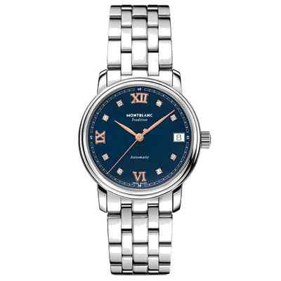 montblanc tradition blue stainless steel automatic date watch