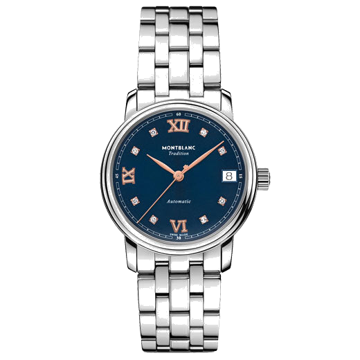 Montblanc's Tradition Blue Stainless Steel Automatic Date Watch features rose-gold roman numerals.