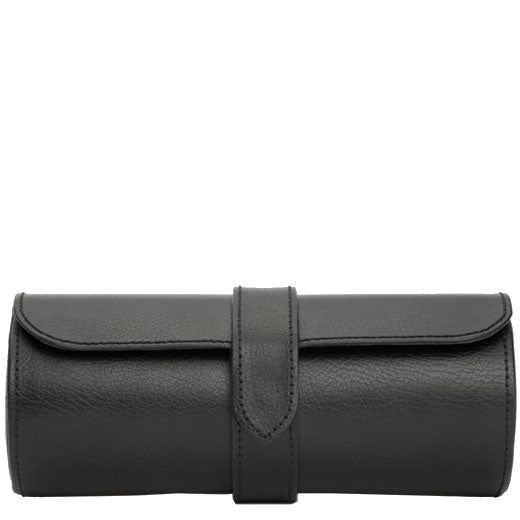 The WOLF 1834 Black/Grey Blake Triple Watch Roll with Capsule features a snap closure.