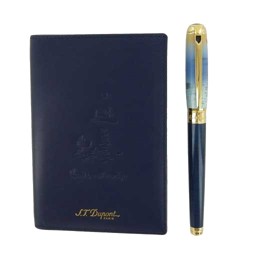 This Dupont writing instrument set comes with a fountain, rollerball pen and passport holder.