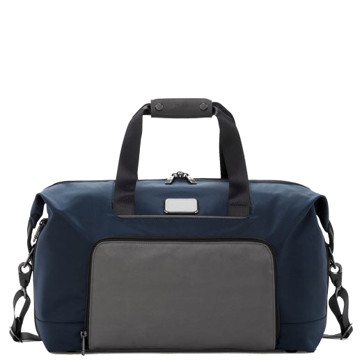 TUMI's Navy Alpha 3 Double Expansion Satchel features a leather patch that can be embossed.