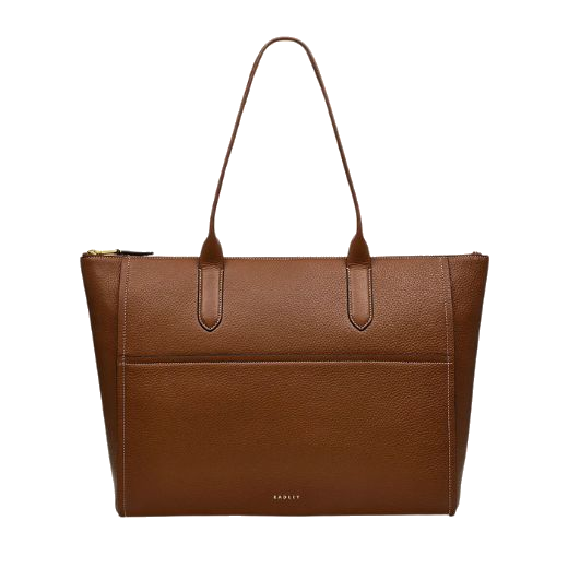 Radley's Oak Street Saddle Brown Leather Zip-Top Tote Bag is made out of grained cowhide leather.