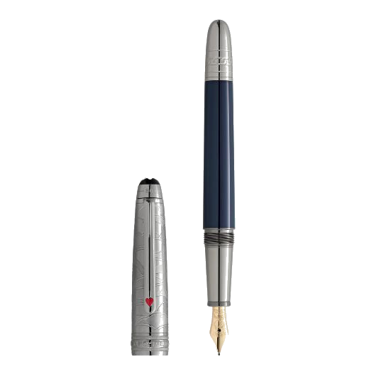 Montblanc's Meisterstück Doué Classique Around the World in 80 Days Blue Fountain Pen has a platinum clip that is adorned with a red lacquer heart.