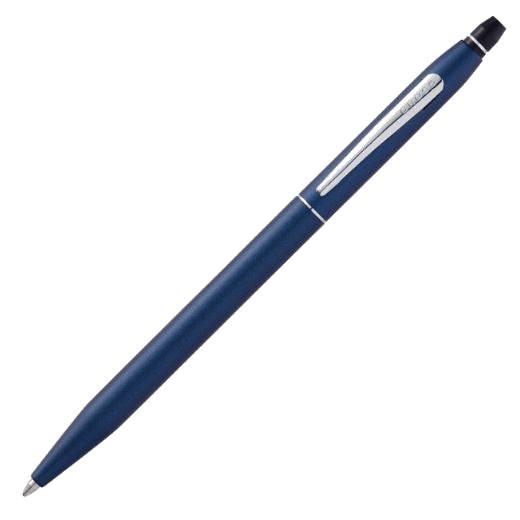 This Cross Click Metallic Navy Blue Ballpoint Pen has the brand name engraved onto the polished chrome clip towards the top.