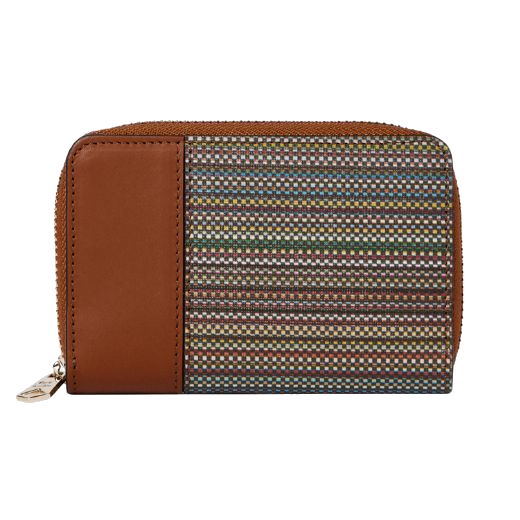 Paul Smith's Signature Stripe Coated Canvas Zip-Around Purse has polished gold hardware including the zip pull that is engraved with the signature of Paul Smith.