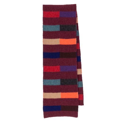 This Paul Smith Men's Block Stripe Lambswool Burgundy Glassette Scarf has a mix of coral, purple, green, brown and red.