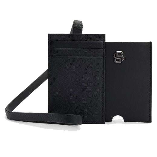 This BOSS 'B' Icon Neck Card Case in Black Leather is made out of saffiano leather on the inside and plain leather on the outside.