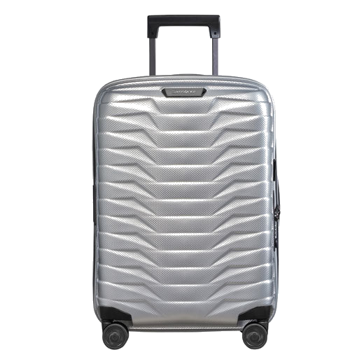 Samsonite's Proxis Spinner Expandable Silver Carry On Case, 55 cm has a hard-shell exterior that has shock resistance.