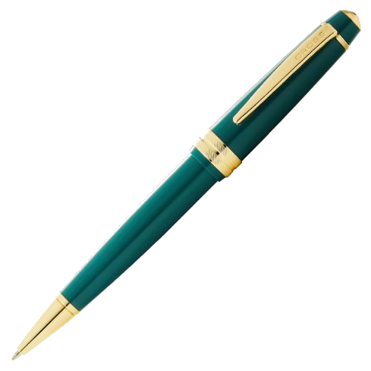 This Cross Bailey Light Ballpoint Pen Green with Gold Trim has the brand name on the clip and features a slightly etched surface on the golden cap rings.