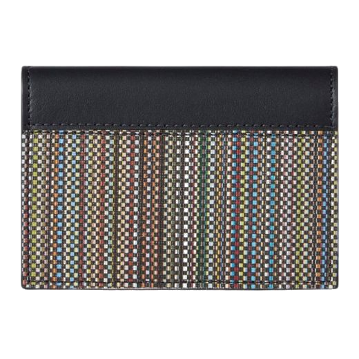 Paul Smith's Signature Stripe Coated Canvas 2CC Business Card Holder has the coated canvas signature stripe print on the front flap closure with plain leather on the back and inside,
