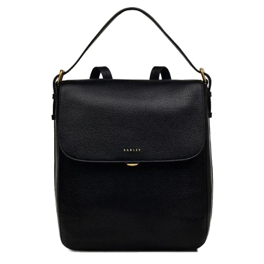 Radley's Graffton Street Black Grained Leather Flapover Backpack can be worn multiple ways with the shoulder straps or top handle that doubles up as a shoulder bag.