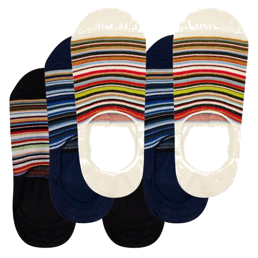 Paul Smith's Men's Signature Stripe 'No Show' Socks 3Pack come in a similar stripe design on each one but with in a different colourway that contrasts the base colour.