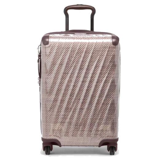 TUMI's 19 Degree Lite International Blush Carry-On has dark burgundy trims to complement the blush pink exterior.
