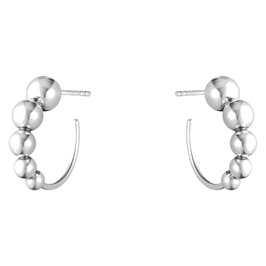 These Georg Jensen Sterling Silver Moonlight Grapes Hoop Earrings have 5 various sized dots along the hoops.