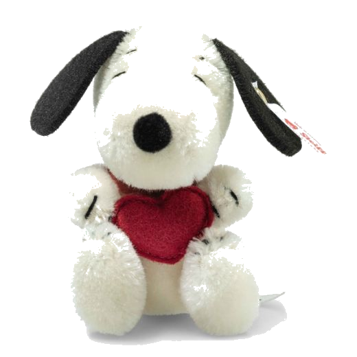 Steiff's x Peanuts Snoopy Miniature With Heart is made with a blend of mohair and cotton with a felt heart.