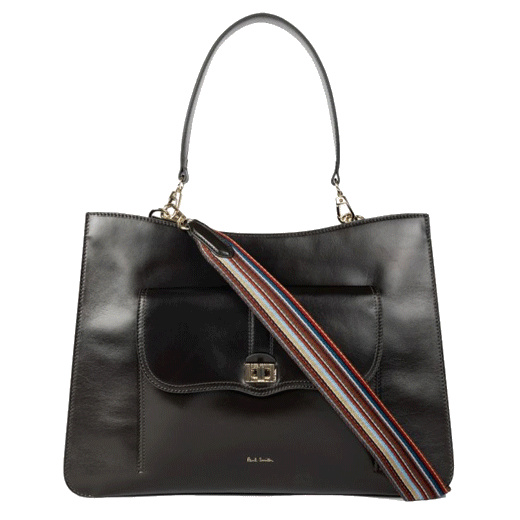Paul Smith's Brown Double Leather 'Signature Stripe' Bag has a front pocket with a flap closure and the main compartment.