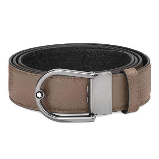 This Montblanc Horseshoe Buckle Mastic/Black Saffiano Leather Reversible Belt is made out of cowhide leather and ruthenium hardware.