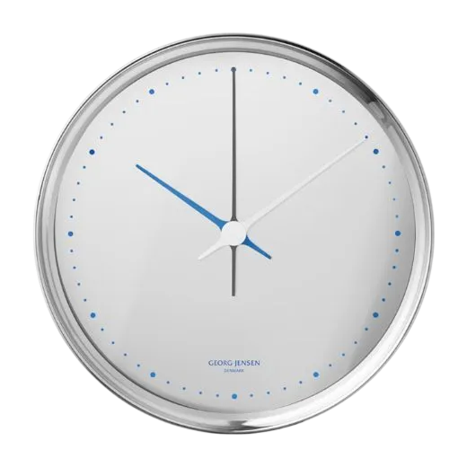 Georg Jensen's Koppel White Stainless Steel Wall Clock 22cm has blue detailing that stands out against the white