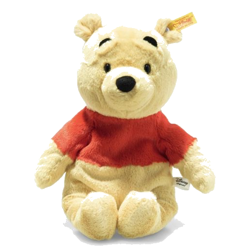 Steiff's Soft Cuddly Friends Disney Originals Winnie The Pooh is made out of soft plush with a synthetic filling and beanbags in the hands and feet.
