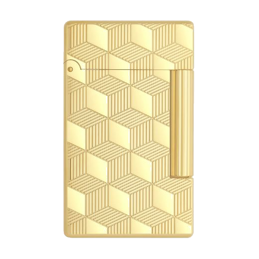 This Initial Cube Guilloche Gold Lighter by S.T. Dupont has an engraved cube pattern with horizontal and vertical stripes.