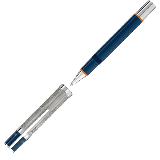 Montblanc's Great Characters Edition Andy Warhol Rollerball Pen is made out of precious lacquer in blue with polished silver trims.