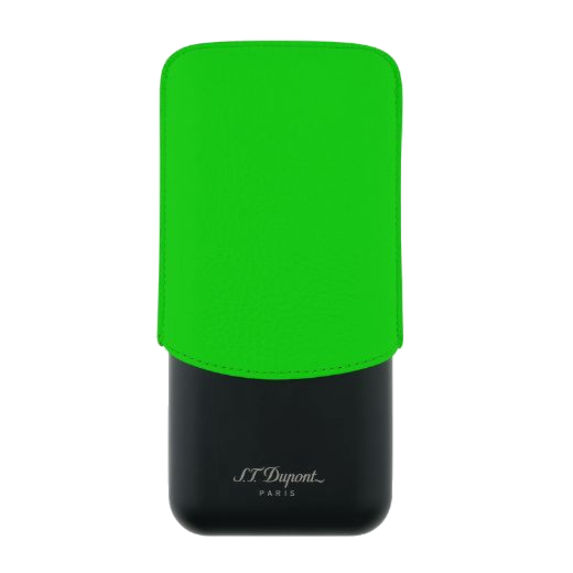 This Matte Black & Neon Green Leather Triple Cigar Case by S.T. Dupont has the brad name engraved on the black stainless steel case.