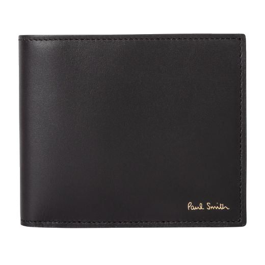 Paul Smith's Black Leather Signature Stripe Bifold 8CC Wallet has the signature brand name on the outside bottom corner in gold foiling.