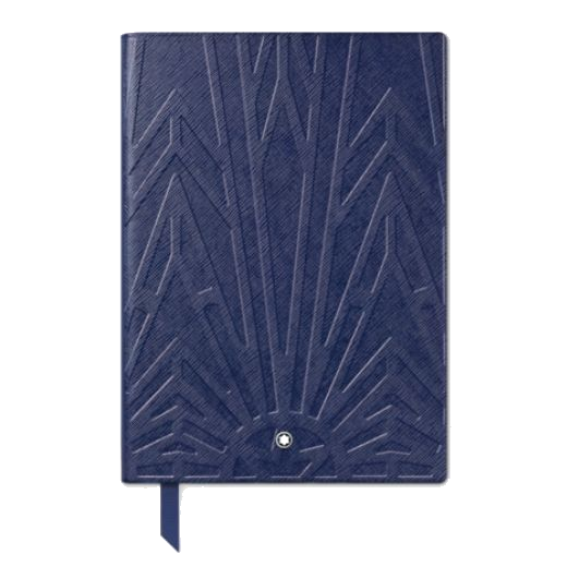 Montblanc's Meisterstück The Origin Blue #163 Lined Notebook has the palladium plated snowcap emblem on the front with a textured pattern.