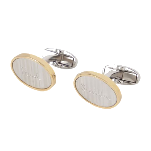 This pair of Paul Smith Stripe Logo Oval Cufflinks are silver-toned with a gold edge that stands out and adds a bit of luxury to a simple shirt and trousers.