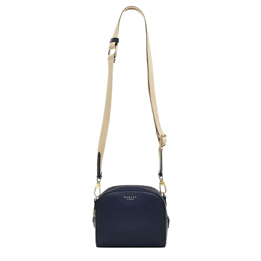 This Radley Arden Crescent Ink Leather Cross Body Bag is made with cowhide leather that has a soft grain texture.