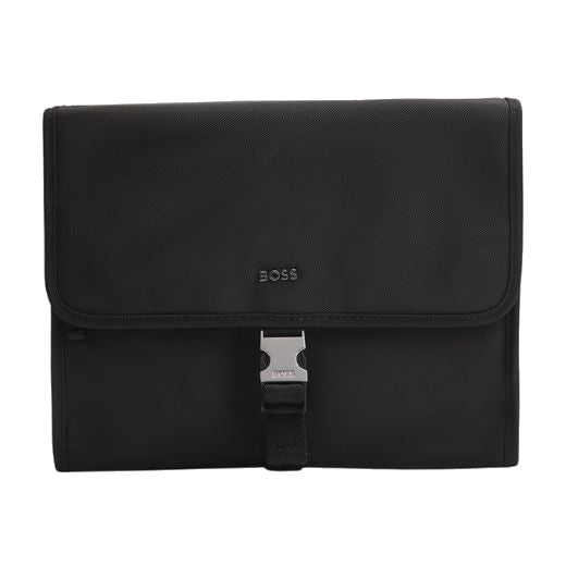 This BOSS Highway Utility Wash Bag with Buckle Closure has silver lettering on the front with the BOSS brand name.
