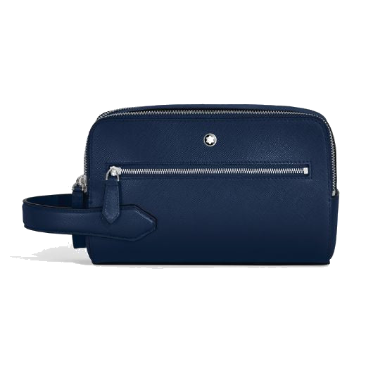 This Montblanc Sartorial Ink Blue Leather Wash Bag is made out of full-grain cowhide leather with the saffiano texture and polished silver trims.