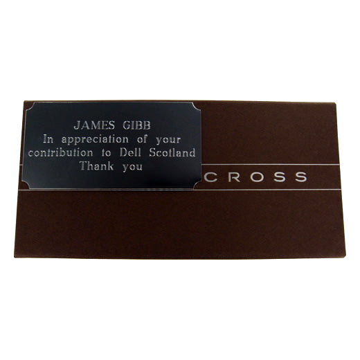 Plaque shown on a Cross Pen case with engravement in Grave Double Contour.