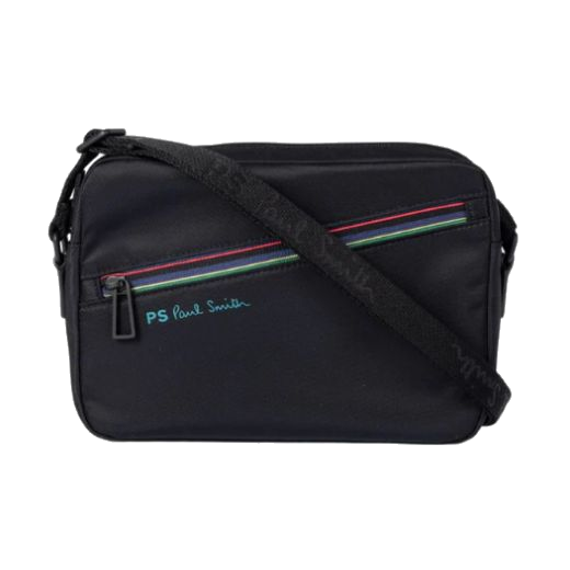This Paul smith Sports Stripe Black Nylon Cross Body Bag has a diagonal zip on the front of the bag with the sports stripe detailing.